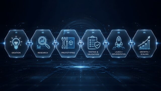 Digital HUD interface displaying a six-step business development process from ideation to growth and scaling, featuring glowing neon icons.