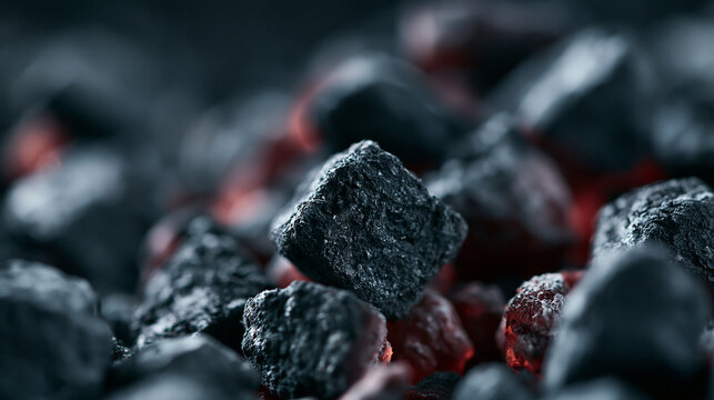 Close-up of glowing charcoal pieces in dark, smoky environment.