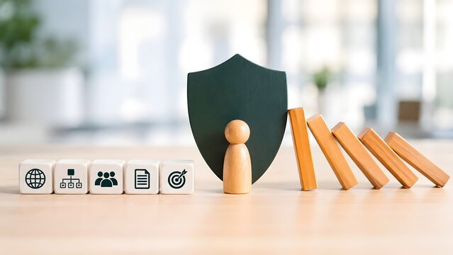 Wooden figure with green shield stopping domino chain to protect business icon blocks illustrating proactive risk mitigation