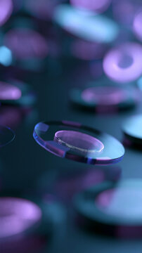 Floating transparent lenses with a purple glow, creating a surreal atmosphere.