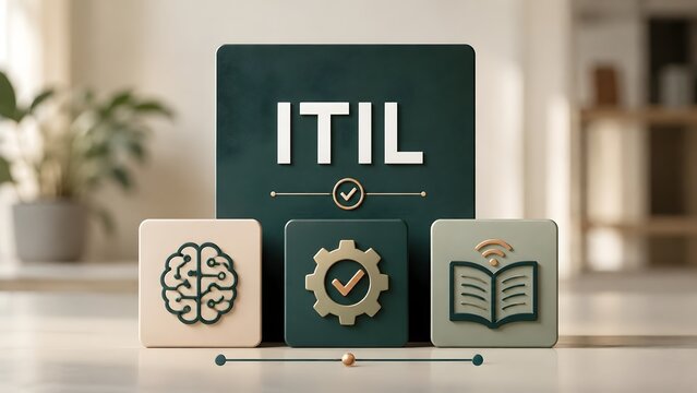 ITIL service management framework concept with artificial intelligence, process optimization, and knowledge base digital icons on blocks