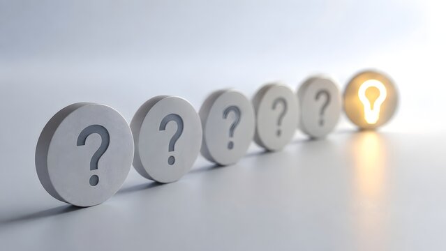 Row of White Question Marks Ending with Glowing Light Bulb Concept of Finalizing Idea and Finding The Answer