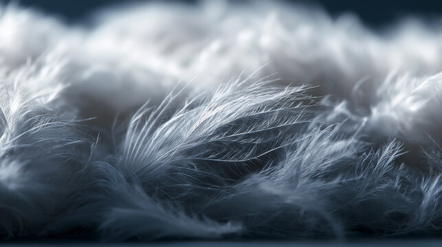 Close-up of soft, fluffy white feathers on a dark background.