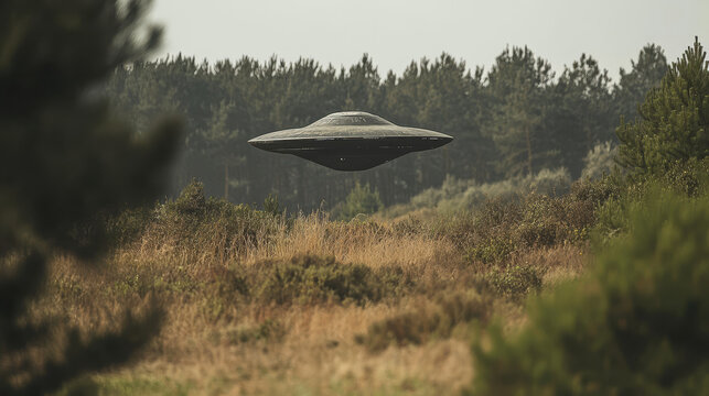 Mysterious flying saucer hovers silently over a dry grassy field and forest