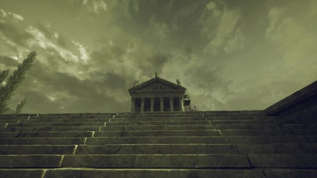 Stone steps rising to Alexandria temple, dramatic green tinted sky sweeping above neoclassical columns, low angle perspective emphasizing weathered masonry