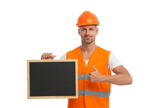 Labor offer. Worker advertising good job. Man worker hold blackboard with copy space. Labor day. Engineer supervisor man advertising isolated on white. Man worker offer advertisement