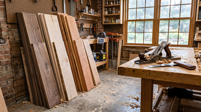 woodworking workshop with lumber and hand plane