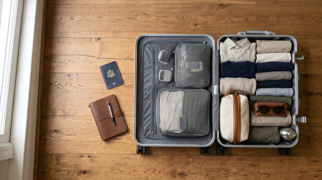 Packing suitcase with clothes passport and travel essentials