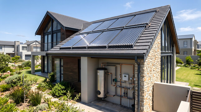 modern house with solar water heater and panels