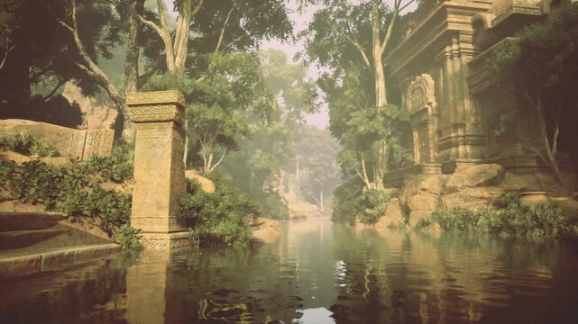 Ancient stone temple beside water, mistshrouded lagoon with emerald reflection, towering trees and mosscovered carvings creating tranquil spiritual atmosphere