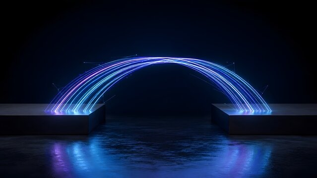 Glowing blue fiber optic light trails forming a digital bridge across a gap representing high speed internet data transfer and future technology networks