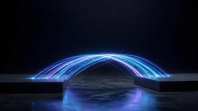 Glowing neon fiber optic data streams forming a technological bridge over a gap representing high speed internet connections and digital cyberspace network