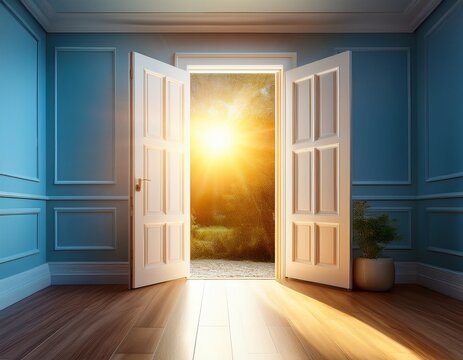 a captivating open door leads to bright new world symbolizing hope and opportunity warm light from outside contrasts beautifully with cool tones of room creating an inviting atmosphere