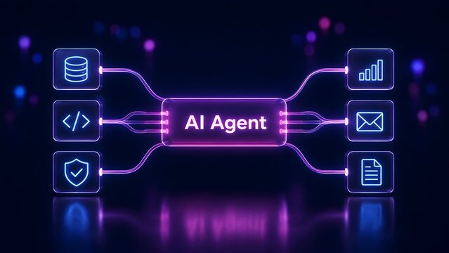 Glowing neon digital diagram showing an AI Agent connecting and processing data between input icons like database, code, security and output icons like charts, email, documents.