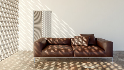 Fototapeta premium 3D render, illustration Fan Ventilation Large Luxury modern living room interior, brutalist architecture realistic lighting, Graphic Overlay wide angle, contemporary furniture, clean lines, minimal
