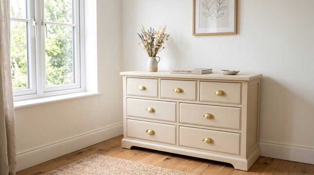 light wood dresser with brass handles and decor