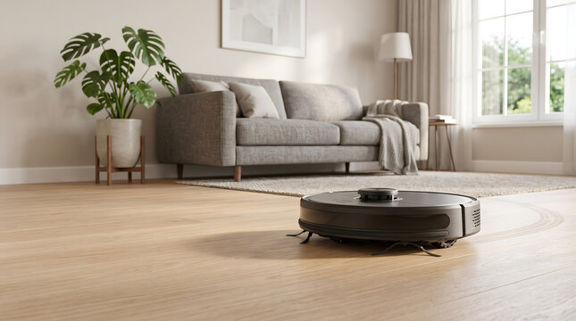 robot vacuum cleaner working on wooden floor in living room