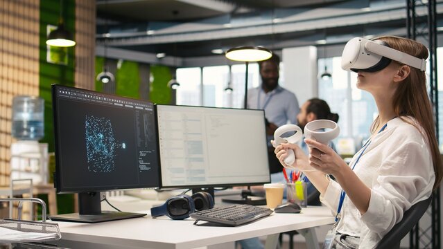 Female technician wearing VR goggles codes with AI language model assistance, using virtual reality to integrate LLM suggestions into a code editor.