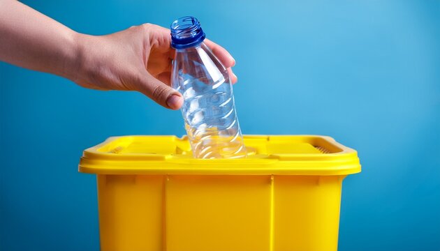 hand places empty plastic bottle into yellow recycling bin for waste sorting