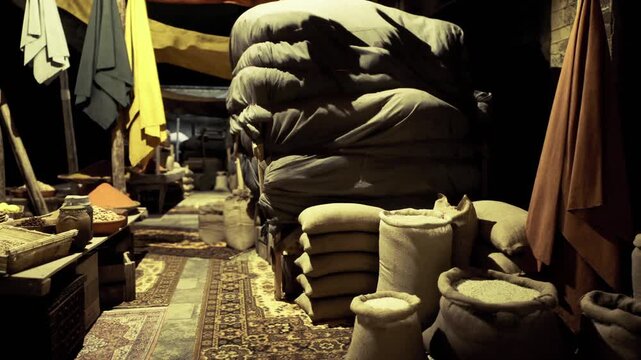 Towering burlap bundles and stacked sacks inside sunlit caravanserai passage, merchant preparing caravan goods among rugs and jars, historic travel and trade