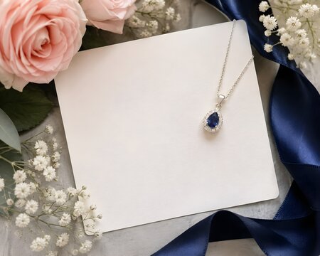 Sapphire Pendant on Blank Card with Flowers and Ribbon for Elegant Romantic Jewelry Gift Presentation