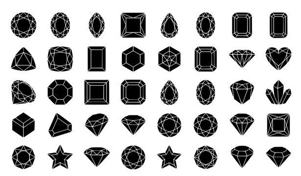 Black diamond gemstone silhouette icon collection with isometric front and top view vector designs