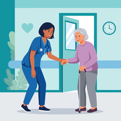 Fototapeta premium Caring Nurse Assists Elderly Woman With Cane in Hospital Corridor