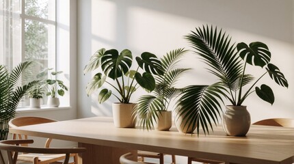 Fototapeta premium Wooden table with potted monstera and palm leaves sits by sunny window. Natural light illuminates indoor plants in modern home interior, creating peaceful ambiance.