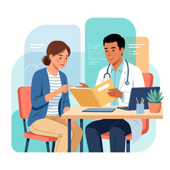 Obraz premium Doctor consulting with a patient, showing medical results in a folder, modern flat illustration style