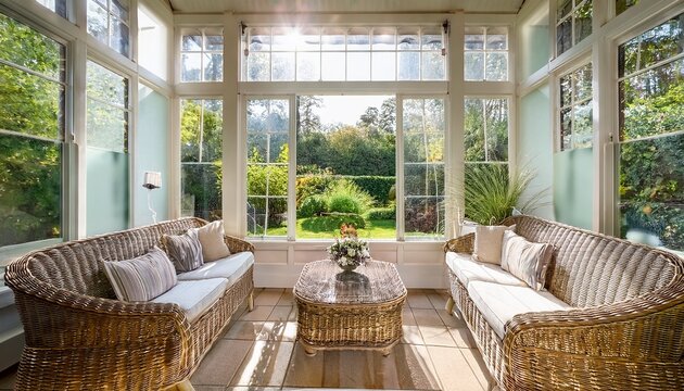 a bright sunroom with a wicker couch and two armchairs facing a window overlooking a garden