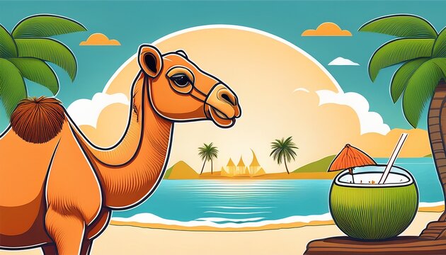 tropical beach island with a camel drinking coconut juice cool header banner for your website or business ads