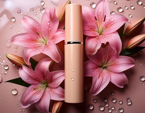 a beige cosmetic stick surrounded by delicate pink lilies with water droplets creating an elegant fresh and natural beauty composition