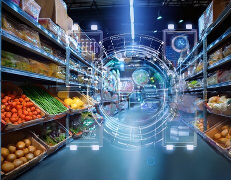 the use of artificial intelligence in industry in the concept of controlling the packaging of food or an organic vegetable or snacks put in product scans into a hologram