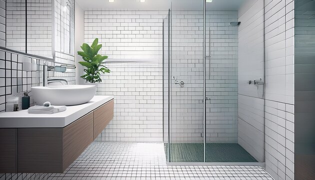 a bathroom with a white tile wall and a tile floor and a white sink and a white shower and a glass shower door