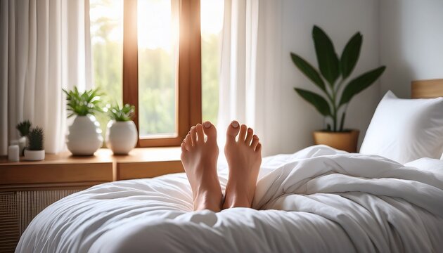 close up of bare feet resting on white linens in a cozy bedroom with natural light
