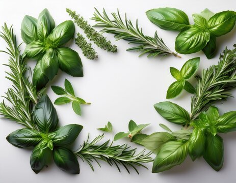 a soothing background with various realistic herbs like basil mint and rosemary