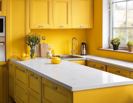 a yellow kitchen with a white countertop