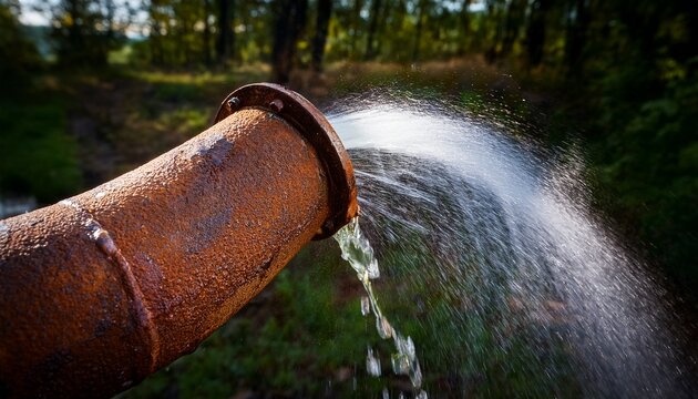 rusty burst pipe squirting water at high pressure