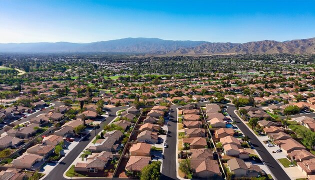 daytime aerial view of a suburban neighborhood in moreno valley california usa