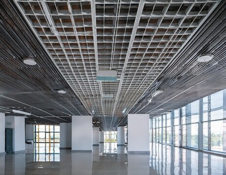 suspended ceiling grid and ceiling tiles being installed in modern office building