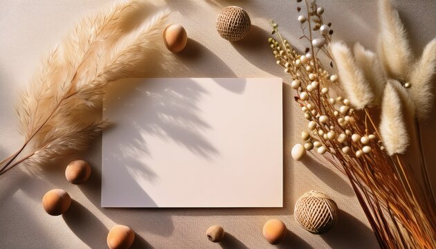 a blank white card surrounded by dried plants and wooden beads softly lit with natural sunlight and shadows