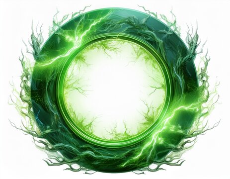 glowing electric green lightning round frame with plasma portal isolated on a white background