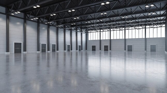 Vast empty exhibition hall interior with polished concrete floor and large glass windows. Multiple doors line the grey walls of the modern industrial space, ready for an event.