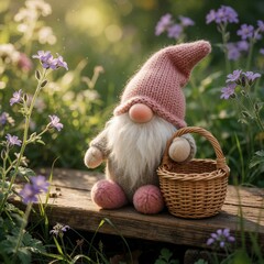 Fototapeta premium Plush gnome with pink hat and basket sits on wooden path. Gentle light illuminates garden scene with small purple flowers. Whimsical figurine has fluffy beard and round feet, evoking fairytale charm.