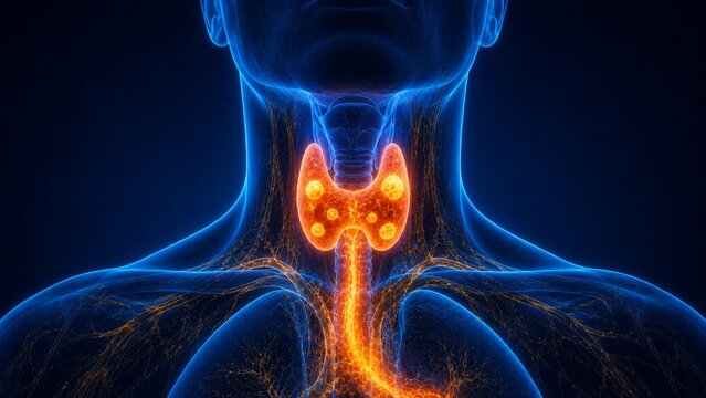 3D Anatomical Illustration of Glowing Thyroid Gland in Human Neck for Endocrine Health and Medical Education