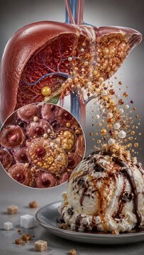 Conceptual Medical Illustration of Fatty Liver Disease Impact from Excessive Sugar and Junk Food Consumption
