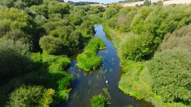 Drone shot flying along and downstream the River Avon in the Woodford Valley on a summer day. Wiltshire UK