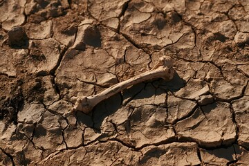Fototapeta premium Single dried bone on a cracked mud flat under harsh midday sun