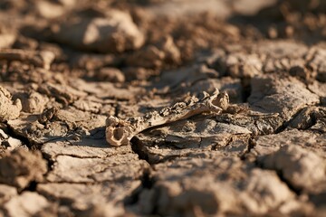 Fototapeta premium Single dried bone on a cracked mud flat under harsh midday sun