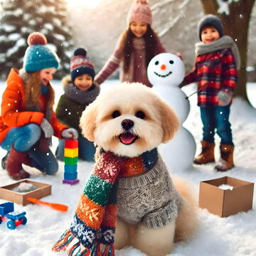 A little pet puppy wearing warm clothing with children in the background.